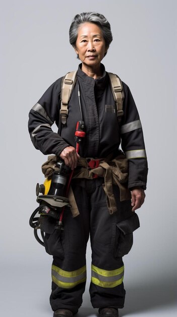 Photo un homme en uniforme de pompier tient un appareil qui a une poignée rouge