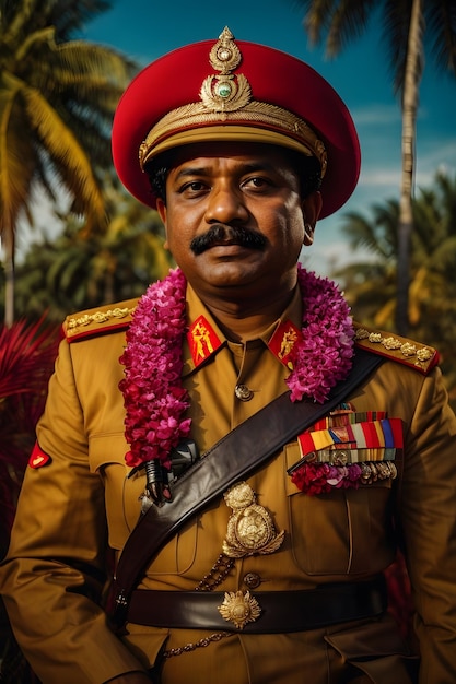 Un homme en uniforme portant une fleur lei autour du cou