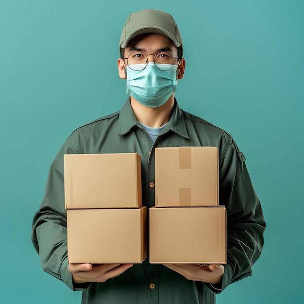 Un homme en uniforme vert tenant des boîtes