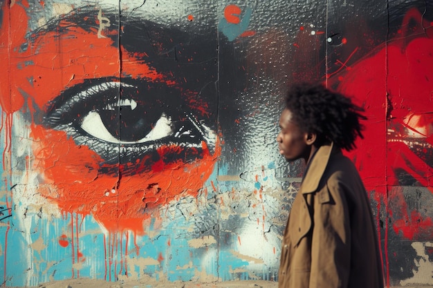 Un homme urbain devant un mur de graffitis.