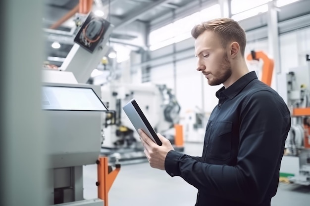 Homme usine tablette travail casque de sécurité à la recherche de générer Ai