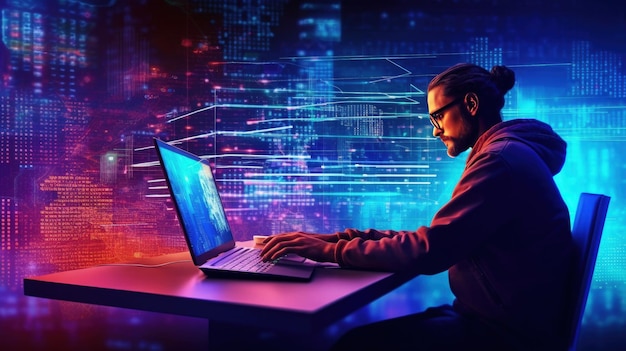 Homme utilisant un ordinateur moderne surfant sur Internet métaverse futuristeRéseau Internet de technologie numérique