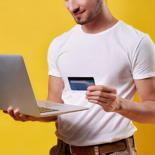 homme utilisant un ordinateur portable avec carte de crédit concept de magasinage en ligne