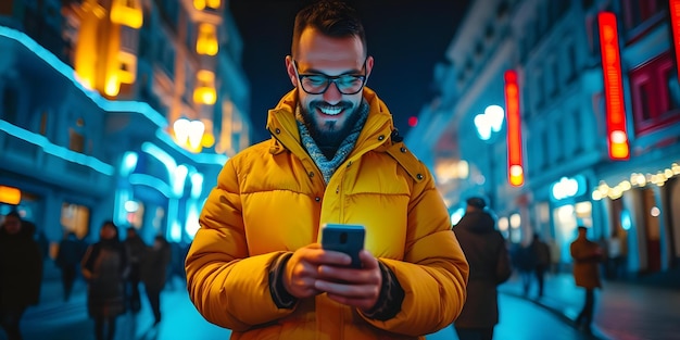 Un homme utilisant son téléphone la nuit rayonnant de joie au milieu d'un environnement urbain éclairé Concept Photographie de nuit Environnement urbain Expression joyeuse Téléphone portable Lumières de la ville