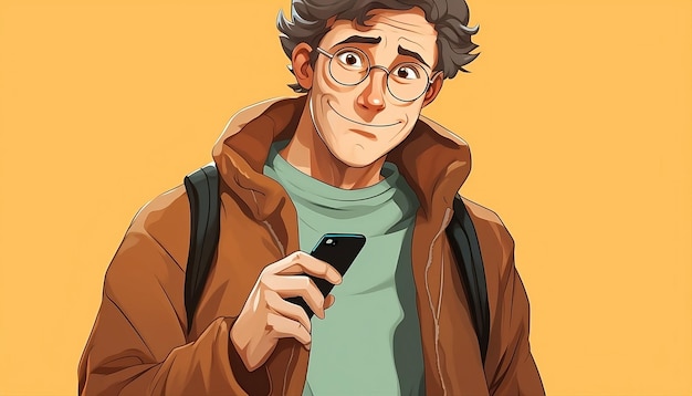 homme utilisant un téléphone bande dessinée de style bande dessinée 2d pour la vignette youtube