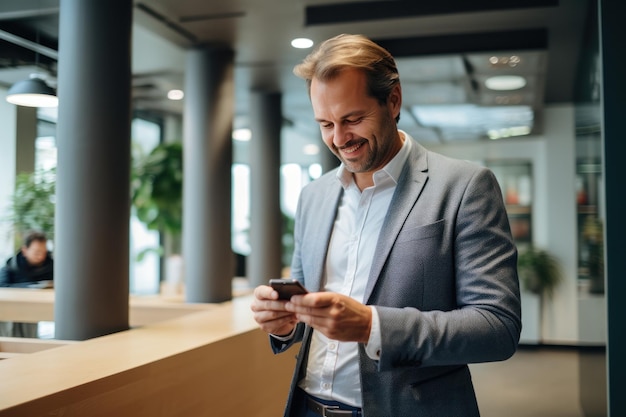 Homme utilisant un téléphone portable devant le bureau