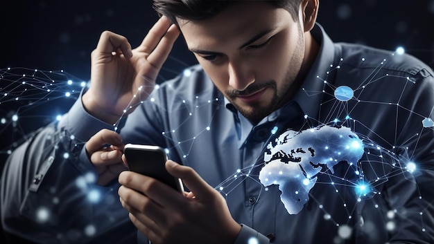 Homme utilisant un téléphone portable intelligent avec connexion au réseau mondial Technologie innovante et communication