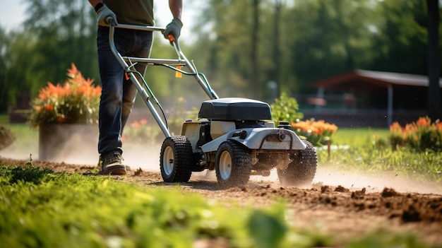 un homme utilisant une tondeuse à gazon pour couper l'herbe