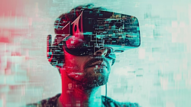 L'homme utilise un casque de réalité virtuelle Image avec effet glitch