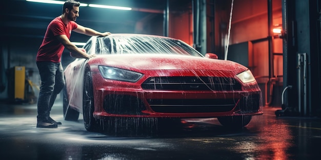 Un homme utilise un nettoyeur haute pression pour nettoyer une voiture de sport moderne rouge