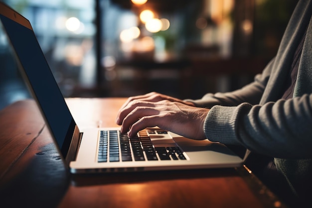 Un homme utilise un ordinateur portable dans un café la nuit.