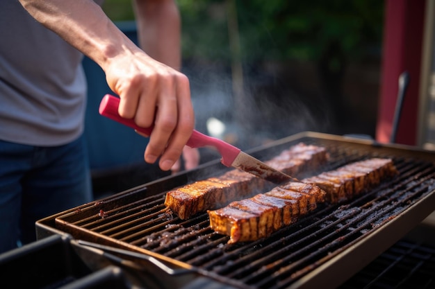 Un homme utilise un pinceau pour appliquer de la sauce aux côtes de tempeh sur le gril