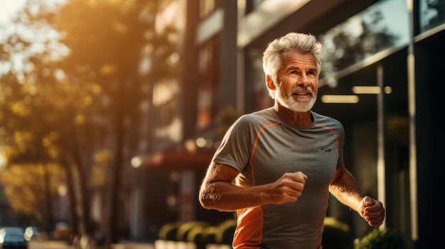 L'homme va courir Le vieil homme mène une vie saine pour la longévité dans la rue de la ville le matin