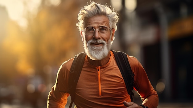 L'homme va courir Le vieil homme mène une vie saine pour la longévité dans la rue de la ville le matin