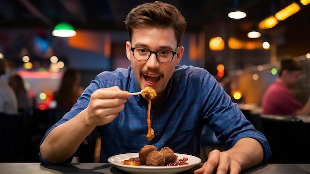 Photo l'homme va manger une boule de fromage frite collante.