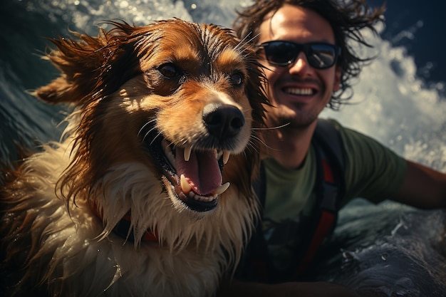 Un homme va surfer avec un chien