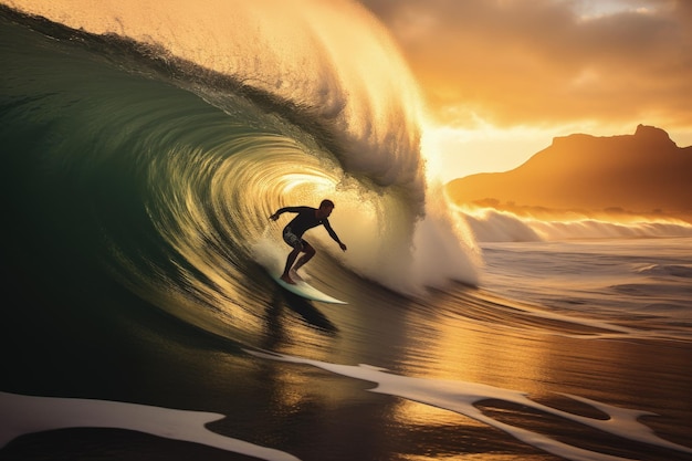 Un homme sur une vague au sommet d'une planche de surf