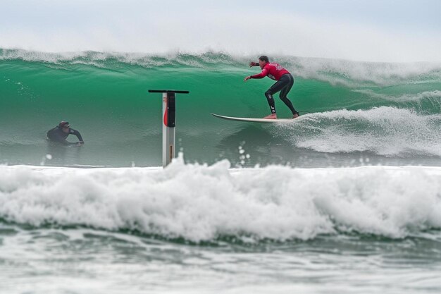 un homme sur une vague au sommet d'une planche de surf