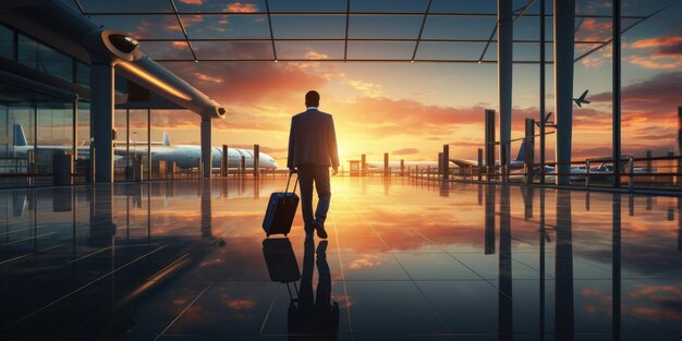 Un homme avec une valise à l'aéroport dans les rayons du coucher du soleil Thème de voyage IA générative