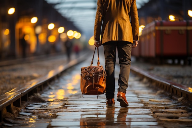 homme avec une valise à la gare