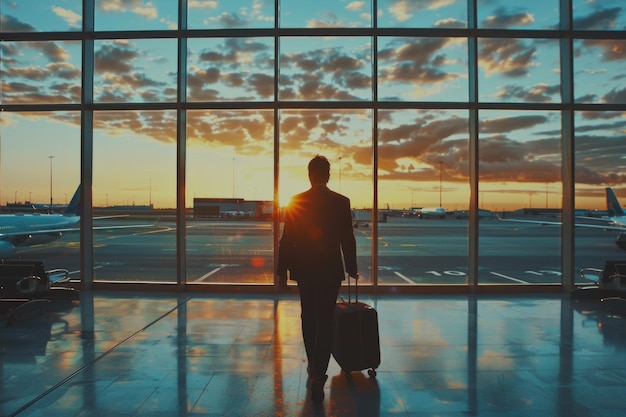 Un homme avec une valise regarde avec nostalgie par la fenêtre d'un aéroport ses pensées dérivent vers des pays lointains et de nouvelles aventures l'attendent