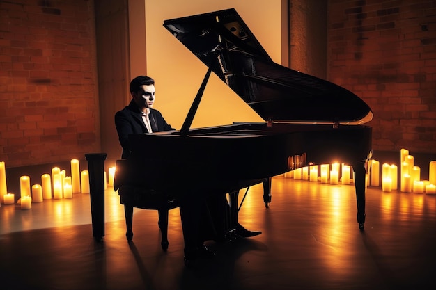 Un homme vampire assis à un piano à queue dans une pièce éclairée par des bougies.