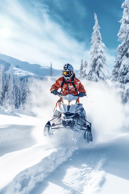 Un homme sur un véhicule à neige dans la montagne