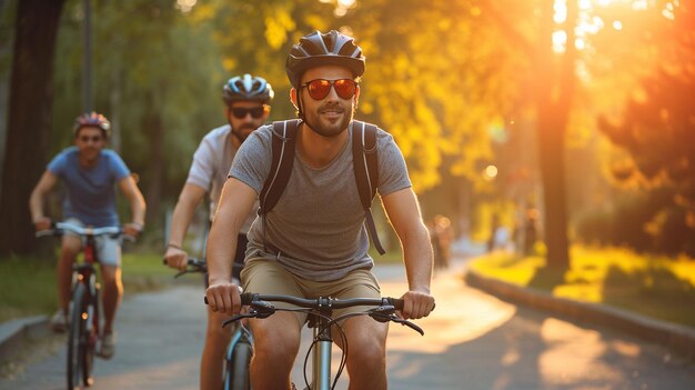 Photo un homme sur un vélo avec un casque et des lunettes de soleil