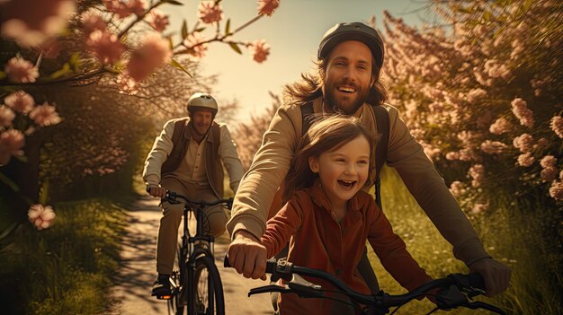 Un homme à vélo à côté d'une petite fille Une scène simple d'activité en plein air