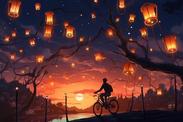 Photo homme à vélo dans un pays plein de lanternes art numérique style illustration peinture fantaisie