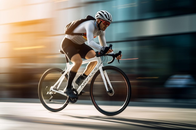 Homme à vélo dans la rue de la ville aux heures de pointe sur fond flou