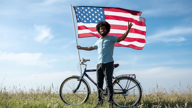 un homme avec un vélo et un drapeau qui dit USA sur lui