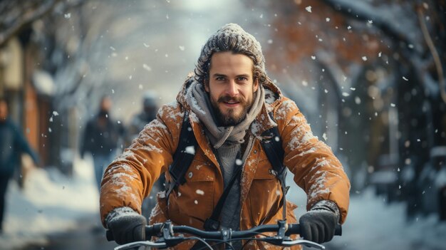 Un homme à vélo en hiver