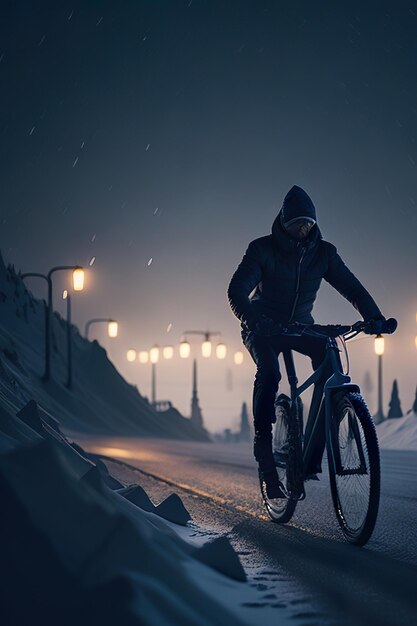 Un homme à vélo la nuit dans la neige AI générative