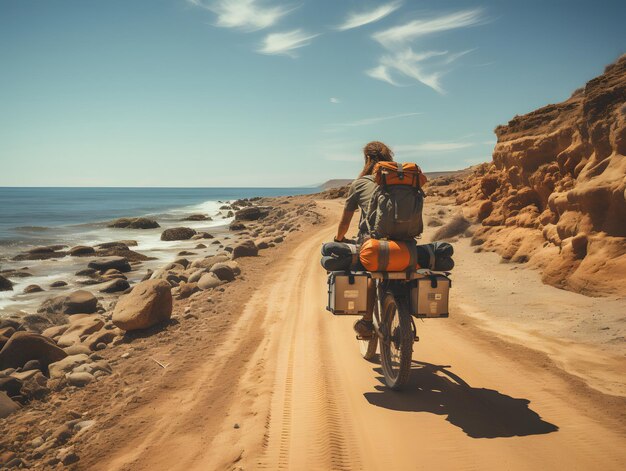 Photo un homme à vélo sur la plage à vélo au bord de la mer voyage en solo style de vie sain