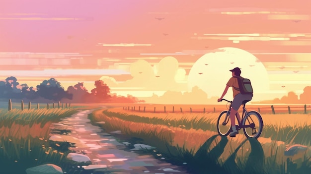 Un homme à vélo sur une route de campagne avec un coucher de soleil en arrière-plan.