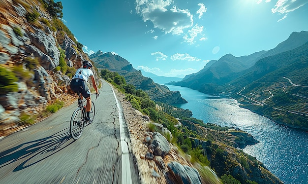 un homme sur un vélo sur une route avec un lac en arrière-plan