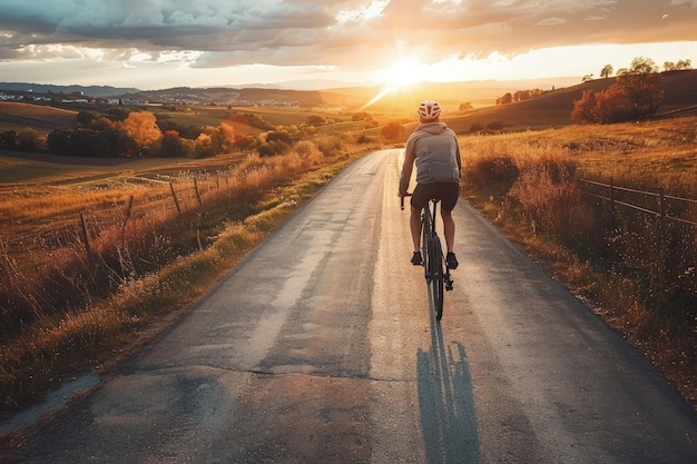 Un homme sur un vélo sur une route rurale