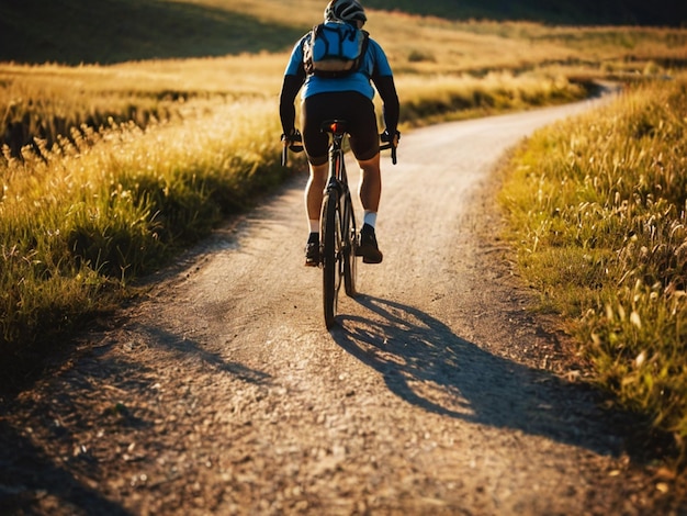 un homme sur un vélo sur une route de terre avec de l'herbe et de l' herbe sur le côté