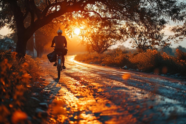 un homme sur un vélo avec le soleil derrière lui