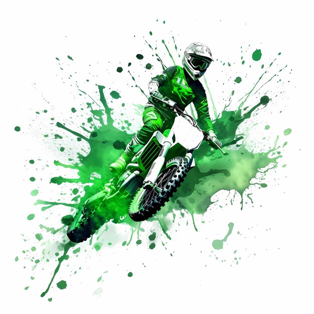 Un homme sur un vélo tout-terrain avec un fond vert Motorcross aquarelle