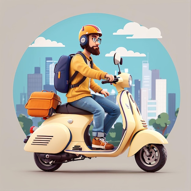 Photo homme à vélo vespa scooter icône vectorielle illustration scooter et casque icône d'automne concept blanc isolé style de dessin animé plat adapté à la page de destination web banner sticker arrière-plan