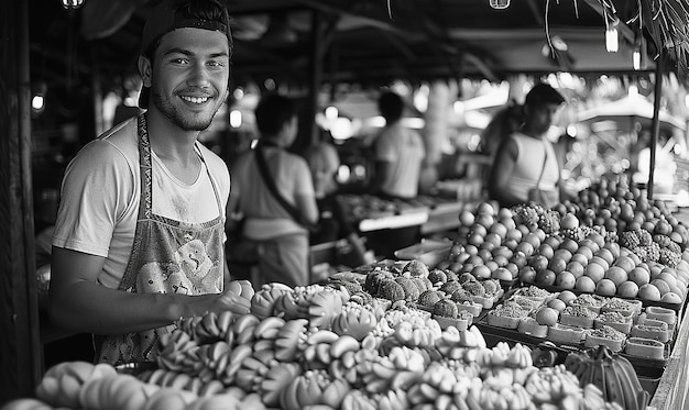 un homme vend des bananes au marché