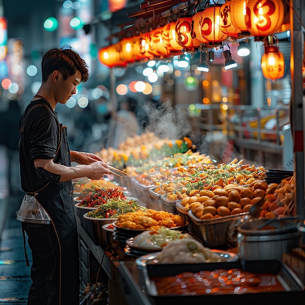 un homme vend de la nourriture au marché de rue