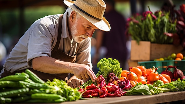 Un homme vendant des légumes au marché.