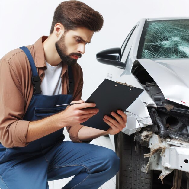 Photo homme vérifiant les dommages de la voiture après un accident de voiture isolé sur fond blanc espace de copie