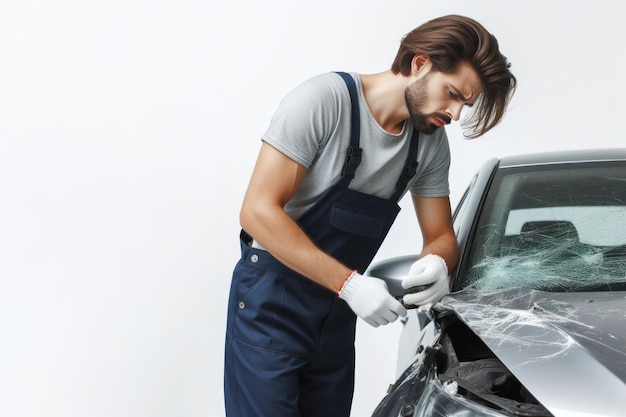 Photo homme vérifiant les dommages de la voiture après un accident de voiture isolé sur fond blanc espace de copie