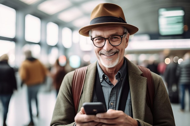 Un homme vérifie les horaires des vols avec son smartphone dans le terminal de l'aéroport