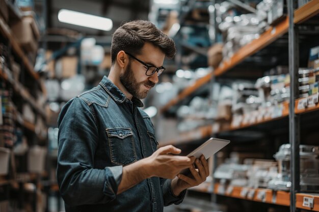 Un homme vérifie la marchandise dans un magasin de matériaux industriels à l'aide d'une tablette numérique