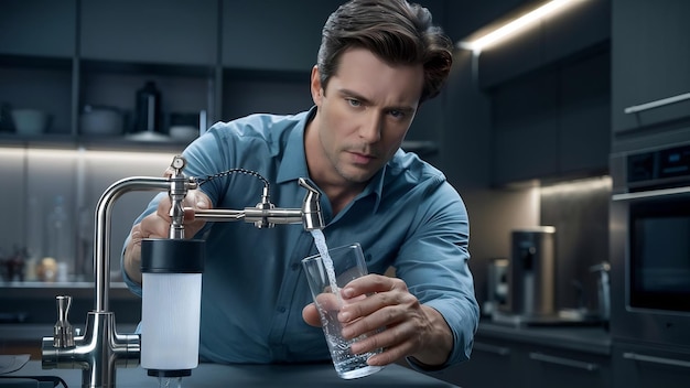 Photo un homme versant un verre d'eau du robinet avec un filtre à osmosis dans la cuisine